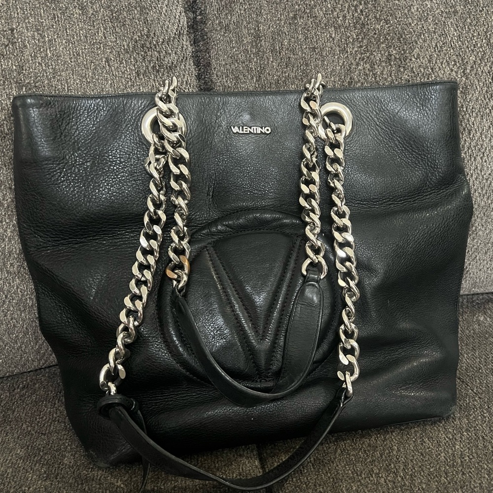 Valentino Black Leather Tote with Chain Straps